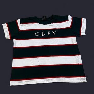 Obey Green, White & Red Striped Logo Tee
